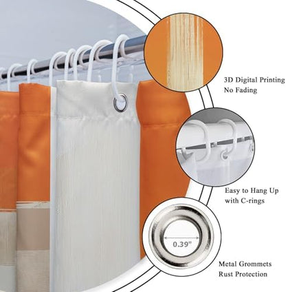 Riyidecor Orange Gold Abstract 4Pcs Bathroom Shower Curtain Sets Modern Geometric Aesthetic Bathroom Decor Set with Rugs and Accessories Minimalist Toilet Lid Rug, Contour and Bath Mat with 12 Hooks