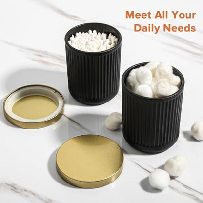 RYTOXILO Matte Black and Gold Bathroom Accessories Set, 4 Pack Glass Bath Accessory Sets Complete, Ribbed Soap Dispenser and Toothbrush Holder Set with 2 Qtip Holders, Modern Gold Bathroom Decor
