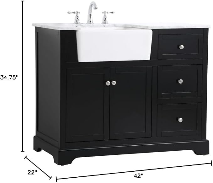 42" Pre-Assembled Bathroom Vanity with Sink, Solid Birch and MDF, Carrara White Marble Countertop Attached, Single Rectangle Porcelain Sink, 3 Soft-Close Drawers, Black