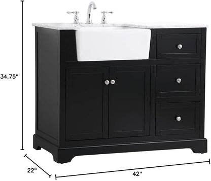 42" Pre-Assembled Bathroom Vanity with Sink, Solid Birch and MDF, Carrara White Marble Countertop Attached, Single Rectangle Porcelain Sink, 3 Soft-Close Drawers, Black