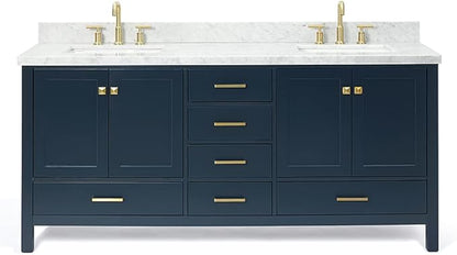 ARIEL Cambridge 72-inch Bathroom Vanity with Sink,Solid Wood, 1.5-inch Italian Carrara Marble Countertop, Double Rectangular Porcelain Sink, 4 Soft Closing Doors, 6 Dovetail Drawers, Midnight Blue