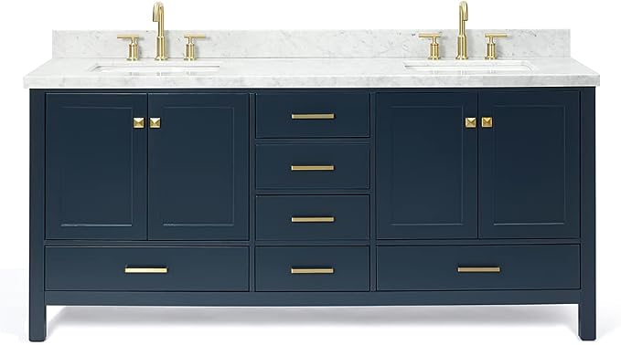 ARIEL Cambridge 72-inch Bathroom Vanity with Sink,Solid Wood, 1.5-inch Italian Carrara Marble Countertop, Double Rectangular Porcelain Sink, 4 Soft Closing Doors, 6 Dovetail Drawers, Midnight Blue