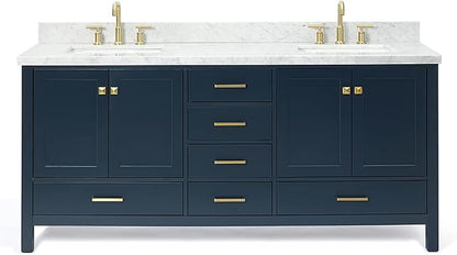 ARIEL Cambridge 72-inch Bathroom Vanity with Sink,Solid Wood, 1.5-inch Italian Carrara Marble Countertop, Double Rectangular Porcelain Sink, 4 Soft Closing Doors, 6 Dovetail Drawers, Midnight Blue