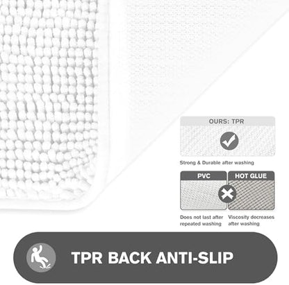 White Bathroom Rugs Sets 2 Piece – Absorbent and Washable Bath Mat, Non-Slip, Thick Soft Chenille Bath Rugs for Bathroom Floor, Shower, Sink - 20" x 32"+24" x 36"