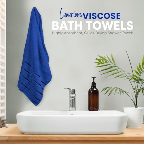 Luxury Bath Towels Set of 4, 27x54 Inches 600GSM 100% Cotton Ring Spun – Daily Use Highly Absorbent Viscose Stripe Bath Towel Sets for Bathroom, Hotel, Spa (Royal Blue)