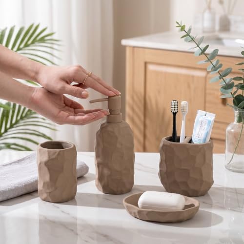 RQYIXI Ceramic Bathroom Accessories Set,Brown,4 Piece,Artisan Design