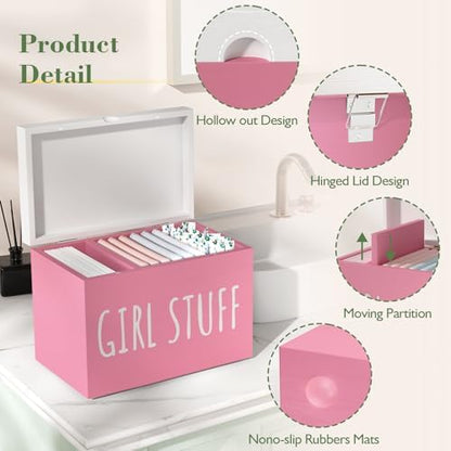 Wooden Tampon Holder, Blush Pink, Hinged Lid Organizer