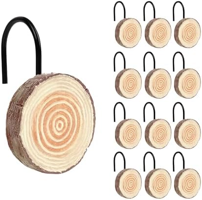 Sunlit Farmhouse Wooden Slices Shower Curtain Hooks, Rustic Home Decorative Shower Curtain Rings with Black Hooks for Bathroom, Resin Shower Curtain Hangers Bathroom Accessories, Set of 12, Brown