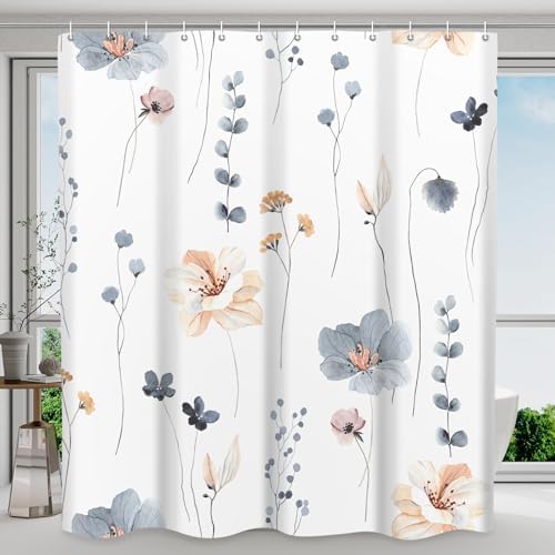 WITHLOC Floral Shower Curtains for Bathroom, Blue Beige, 72" W x 78" L