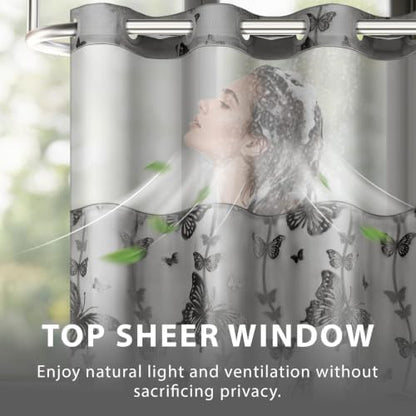 FADOTY No Hook Shower Curtain Snap in Liner Set with Grey Butterfly Design