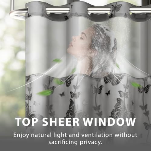 FADOTY No Hook Shower Curtain Snap in Liner Set with Grey Butterfly Design