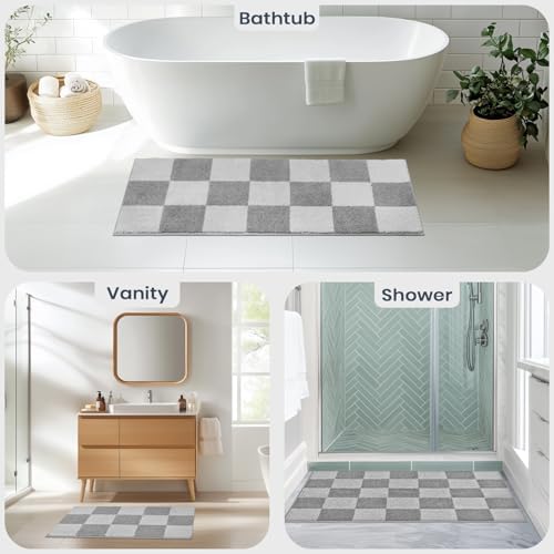 PURRUGS Bathroom Rug Non-Slip Machine Washable 30" x 60", Super Absorbent and Quick-Dry Bath Mat, Extra Soft and Plush Bath Rug for Shower, Bathtub and Sink, Light Grey & Grey