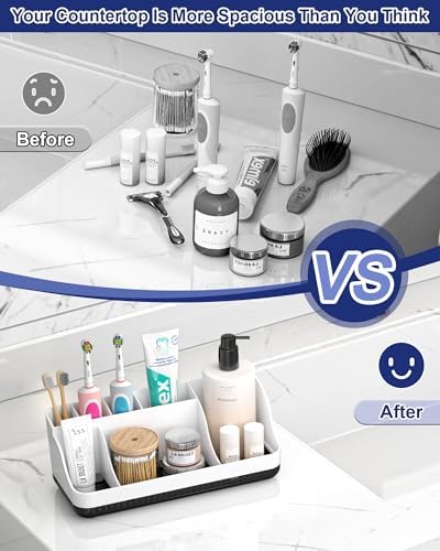 Bathroom Counter Organizer and Storage, 7 Slots Detachable Toothbrush Holders for Bathrooms, Anti-Slip Electric Toothbrush and Toothpaste Holder Countertop Vanity Organizer Accessories for Adults Kids