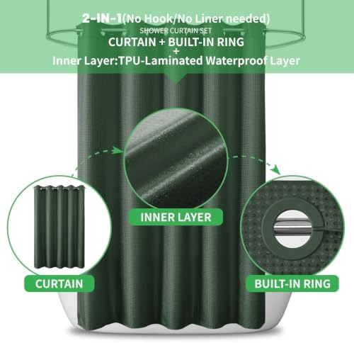 No Hook Waffle Shower Curtain, No Liner Needed, 71x74 Inch, Velvet Green