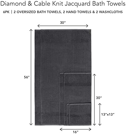 Texere 100% Organic Cotton Diamond Jacquard 700 GSM Luxury Bath Towel Sets - Ultra Soft and Absorbent Hotel Quality, 2 Large Bath Towels, 2 Hand Towels, 2 Washcloths (Diamond, Charcoal, 6 Piece)