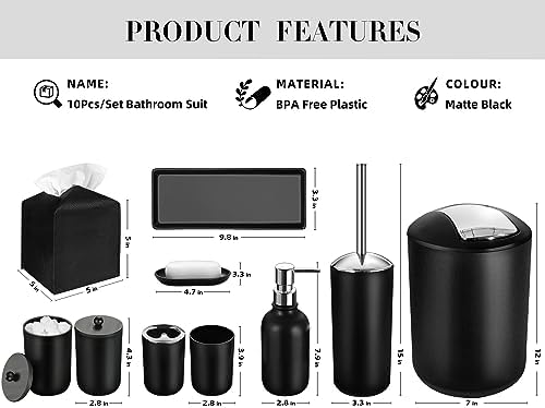 Black Bathroom Accessories Set, 10Pcs Bathroom Accessory Set with Trash Can, Soap Dispenser and Toothbrush Holder, Soap Dish, Cotton Ball & Qtip Holder, Toilet Brush Holder, Tissue Box Cover