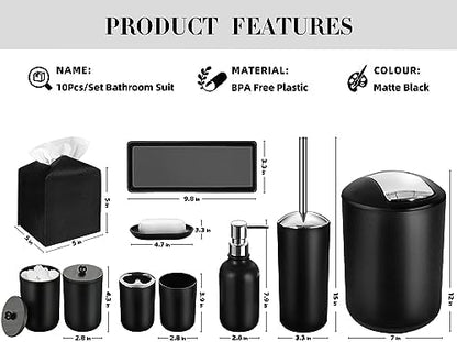 Black Bathroom Accessories Set, 10Pcs Bathroom Accessory Set with Trash Can, Soap Dispenser and Toothbrush Holder, Soap Dish, Cotton Ball & Qtip Holder, Toilet Brush Holder, Tissue Box Cover