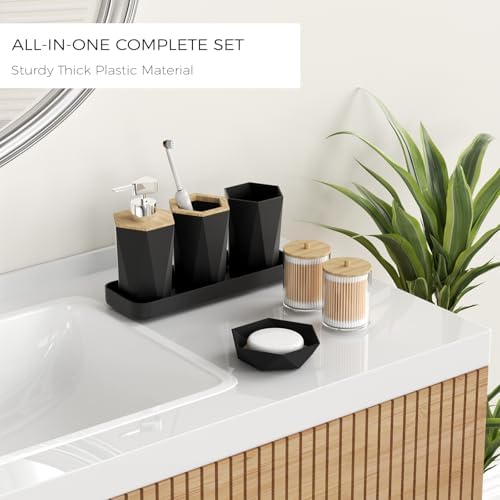 Black Bathroom Accessories Set, Unbreakable Bathroom Set, Trash Can, Toilet Brush with Holder, Soap Dispenser, Toothbrush and Toothpaste Holder, Tumbler, Soap Dish, Qtip Holders, Tray, Bamboo Decor