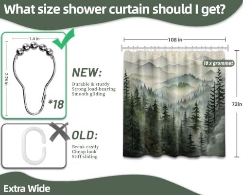 Sage Green Forest Extra Wide Shower Curtain, 108X72 in for Clawfoot Tub