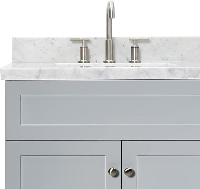 DKB Bradford 72 Inch Bathroom Vanity Double Sink — Grey Bathroom Vanity with Sink, 1.5" Edge Italian Carrara Marble Countertop & Backsplash, 4 Soft-Close Doors, and 3 Dovetail Drawers