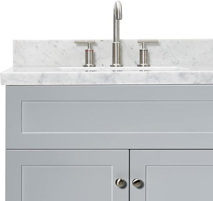 ARIEL Hamlet 72-inch Bathroom Vanity with Sink,Solid Wood, 1.5-inch Italian Carrara Marble Countertop & Backsplash, Double Rectangular Porcelain Sink, 4 Soft Closing Doors, 3 Dovetail Drawers, Grey