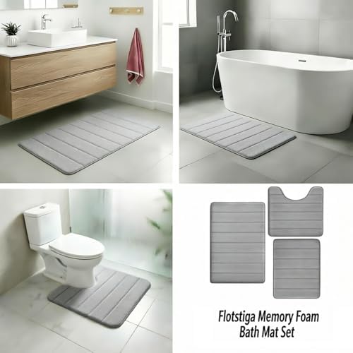 Memory Foam Bath Mat Set 3 Piece，Super Soft Absorbent Bathroom Rug Non Slip, Quick Dry,Machine Wash, Perfect Plush Bathroom Rugs,Home Decor Accessories,Grey