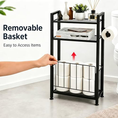 Black Free Standing Toilet Paper Holder Stand with Shelf and Roll Storage