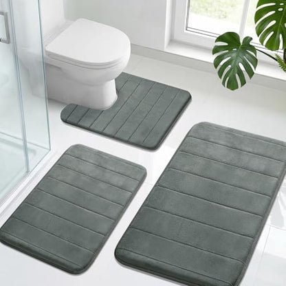 Neween Bathroom Rugs Set 3 Piece, Absorbent Memory Foam Bath Mat, Dark Grey