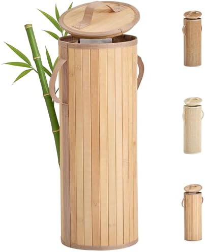 Bamboo Toilet Paper Storage Basket with Lid & Handle - 10L Handwoven Bathroom Organizer for 4 Rolls - Sturdy Stand Holder for Toilet Paper Organization, Natural