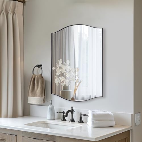 ANDY STAR Scalloped Bathroom Mirror，24"x32" Black Rectangle Wall Mirror with Curved Edge Stainless Steel Metal Frame, Irregular Vanity Wall-Mounted Mirror for Bathroom, Entryway