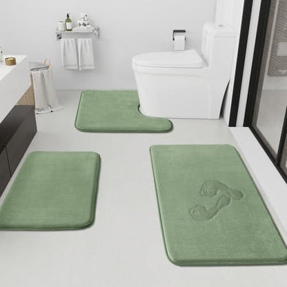 HUXMEYSON Bathroom Rugs Sets 3 Piece, Non-Slip & Quick Dry Bath Mat Set, Ultra Soft Velvet Bath Rugs for Bathroom, Toilet and Shower Floor, Grey Green