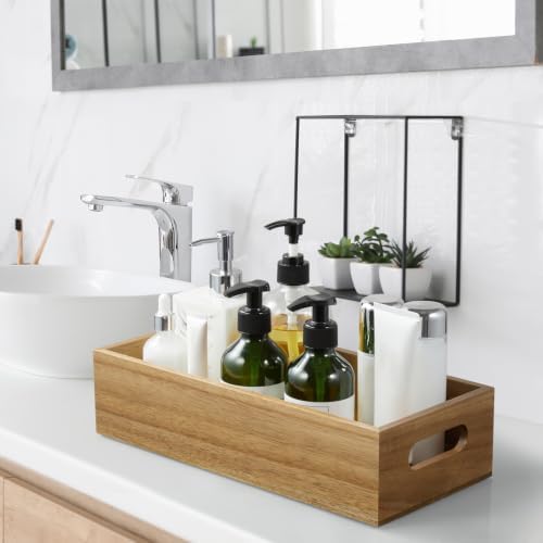 ALELION 14 Inch Acacia Wood Bathroom Storage Basket with Handles, Toilet Paper Basket for Back of Toilet Tank Top, Wooden Organizer Tray for Bathroom Countertop, Vanity, Kitchen, Pantry, Laundry Room