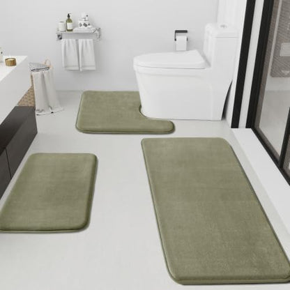 HUXMEYSON Bathroom Rugs Sets 3 Piece, Non-Slip & Quick Dry Bath Mat Set, Ultra Soft Velvet Bath Rugs for Bathroom, Toilet and Shower Floor, Olive Green