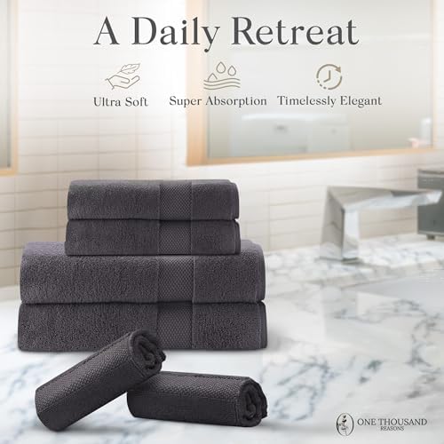 Premium Staple Cotton Bathroom Towel Set - Dark Gray 600 GSM 6-Piece Luxury Bath Towel Set 1 Stripe - 2 Bath Towels, 2 Hand Towels & 2 Washclothes Set - High Absorbent & Quick Dry for Gym, Spa, Hotel