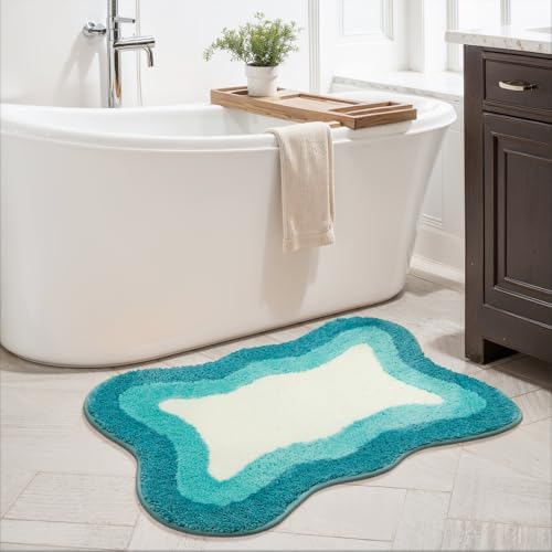 HAOCOO Luxury Microfiber Bathroom Rug, 20x31 inch Soft Non Slip Aqua Blue Gradient Bath Mat, Absorbent Washable Cute Bath Mat for Sink Tub Shower