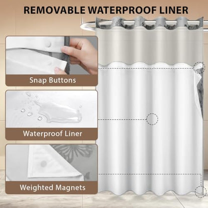 FADOTY No Hook Shower Curtain Snap in Liner Set with Grey Butterfly Design