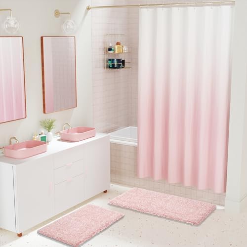 Yimobra Luxury Bathroom Rugs, Fluffy Bath Mats, Non Slip, Water Absorbent Microfiber, Machine Washable, Plush Carpet Shower Rugs, Thick Matts for Bathroom Floor&Tub, 44" X 24", Light Pink and White