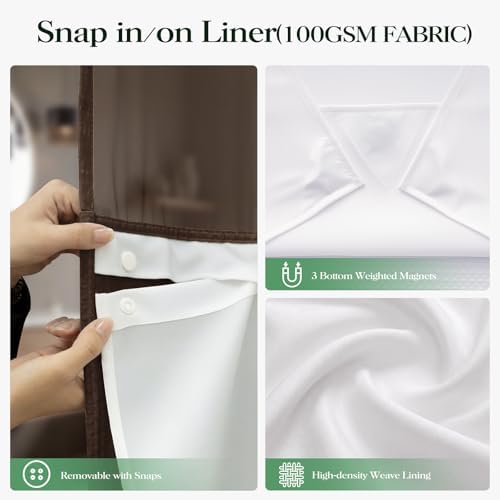 Dynamene Brown Hook Free Waffle Shower Curtain & Snap-in Fabric Liner,72x81
