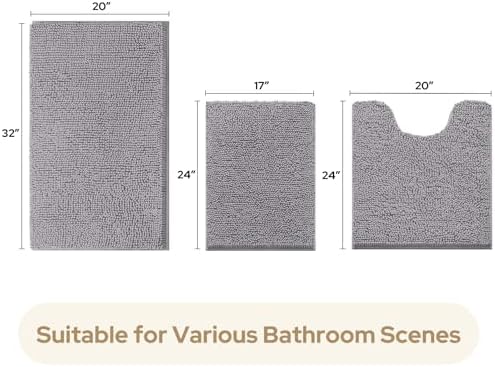 HOMEIDEAS Grey Chenille Bathroom Rugs Set of 3, Non Slip Bath Mat