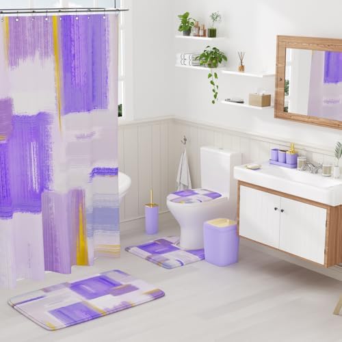 XLHOMO Bathroom Accessories Set - 25PC Bathroom Set with Shower Curtain and Rugs, Purple Bathroom Set, Bathroom Accessory Set with Press-on Lid Trash Can, Soap Dispenser and Qtip Holders for Home