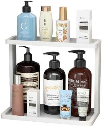 PEKER Bamboo Bathroom Organizer Countertop – Small Vanity Storage Shelf for Makeup, Perfume, Skincare – Natural Cosmetics Display Rack for Dresser, Sink, Kitchen –White