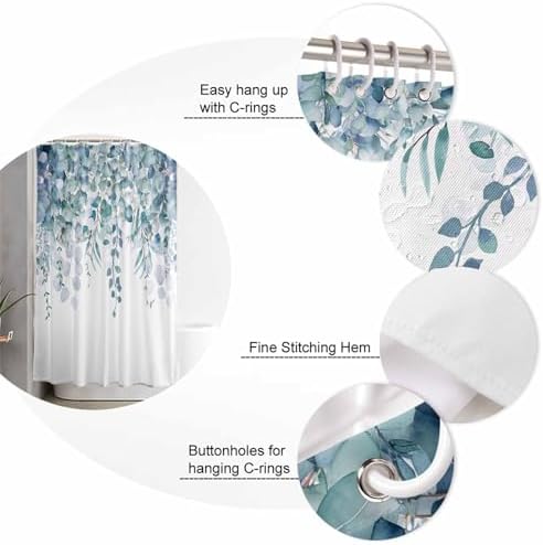 Shower Curtain Bathroom Set Country Eucalyptus Leaves Waterproof Shower Curtains with Grommets Hooks Watercolor Teal Green Leaf Privacy Bath Curtain for Bathtub Decor 36x72in