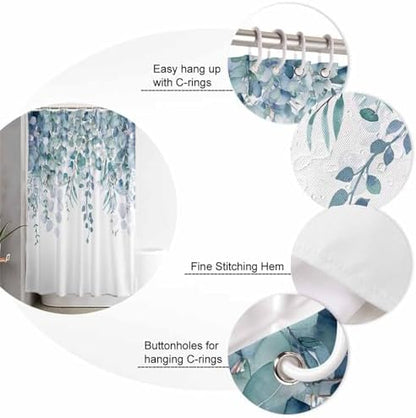 Shower Curtain Bathroom Set Country Eucalyptus Leaves Waterproof Shower Curtains with Grommets Hooks Watercolor Teal Green Leaf Privacy Bath Curtain for Bathtub Decor 36x72in