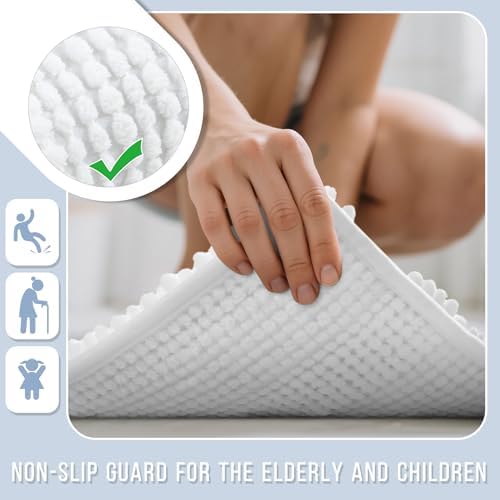 Yimobra Bathroom Rug Mat 36 x 24, Non Slip and Super Absorbent Bath Mat,Machine Washable Quick Dry,Ultra Plush Chenille Shower Rugs for Bathroom Floor Sink Tub and Shower Outside,White
