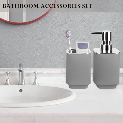 Grey Bathroom Accessories 2 Pcs, Soap Dispenser and Toothbrush Holder Set