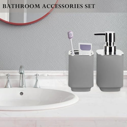 Grey Bathroom Accessories 2 Pcs, Soap Dispenser and Toothbrush Holder Set