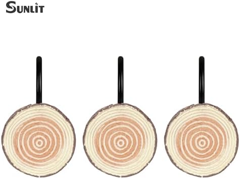 Sunlit Farmhouse Wooden Slices Shower Curtain Hooks, Rustic Home Decorative Shower Curtain Rings with Black Hooks for Bathroom, Resin Shower Curtain Hangers Bathroom Accessories, Set of 12, Brown