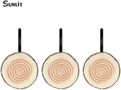 Sunlit Farmhouse Wooden Slices Shower Curtain Hooks, Rustic Home Decorative Shower Curtain Rings with Black Hooks for Bathroom, Resin Shower Curtain Hangers Bathroom Accessories, Set of 12, Brown