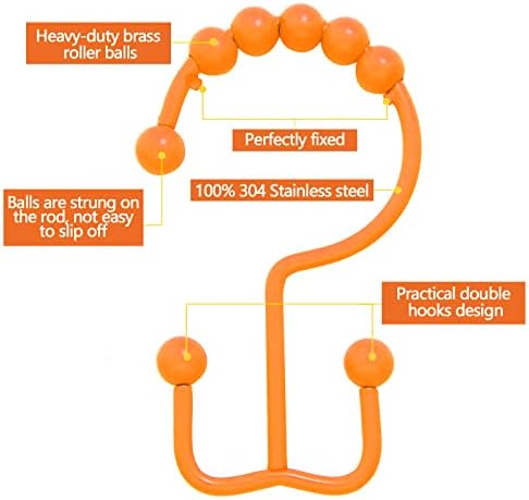 Shower Curtain Hooks,304 Stainless Steel Shower Rings for Bathroom,Double Glide Shower Hooks for Bathroom Shower Curtain Rods Curtains,Set of 12 Hooks,Orange（Shower Curtain Hooks Style A ）