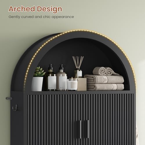 Itaar Arched Over The Toilet Storage Cabinet, 78.7" H Fluted Bathroom Organizer with Reversible Side Cabinet, Adjustable Shelves, Anti-Tipping, Hooks & Paper Holder for Bathroom Laundry Room, Black